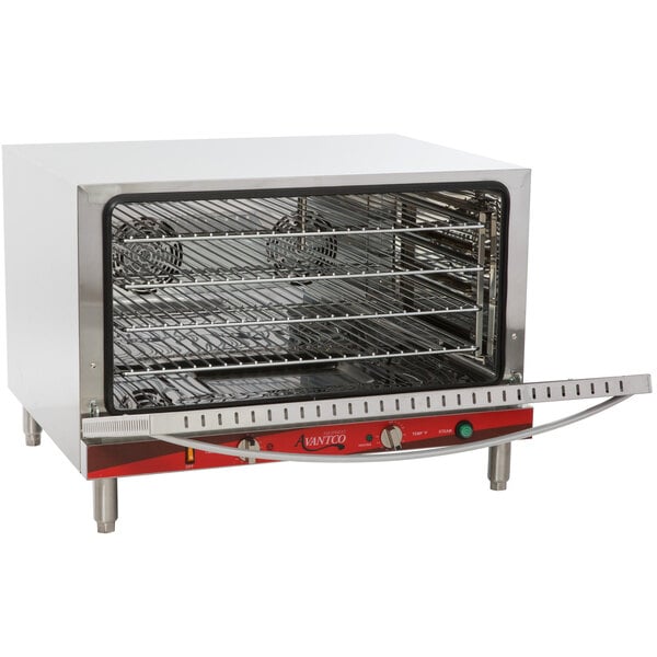 An Avantco electric convection oven door gasket on a large metal oven with a rack inside.