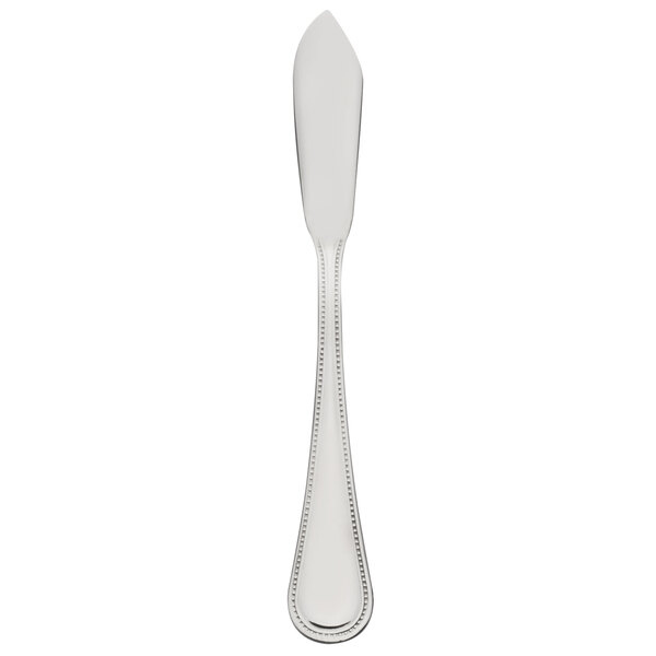 A silver 10 Strawberry Street Pearl butter knife with a rectangular handle.
