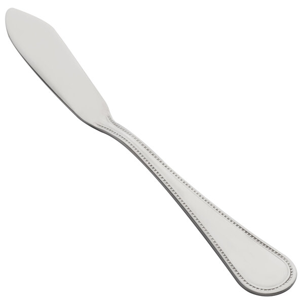 A 10 Strawberry Street stainless steel butter knife with a pearl handle.
