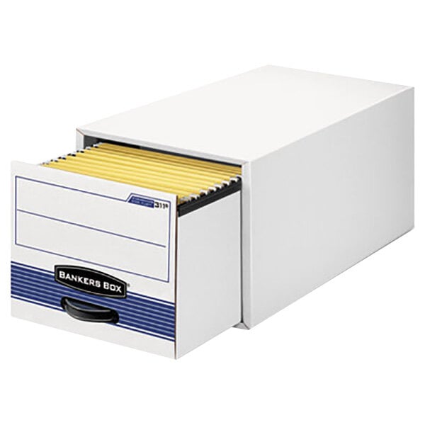 Bankers Box 00312 17 X 25 1 2 X 11 1 2 White Blue Legal Sized Heavy Duty Corrugated Fiberboard Storage Drawer With Steel Frame 6 Case