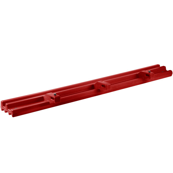A red metal tray rail with handles.