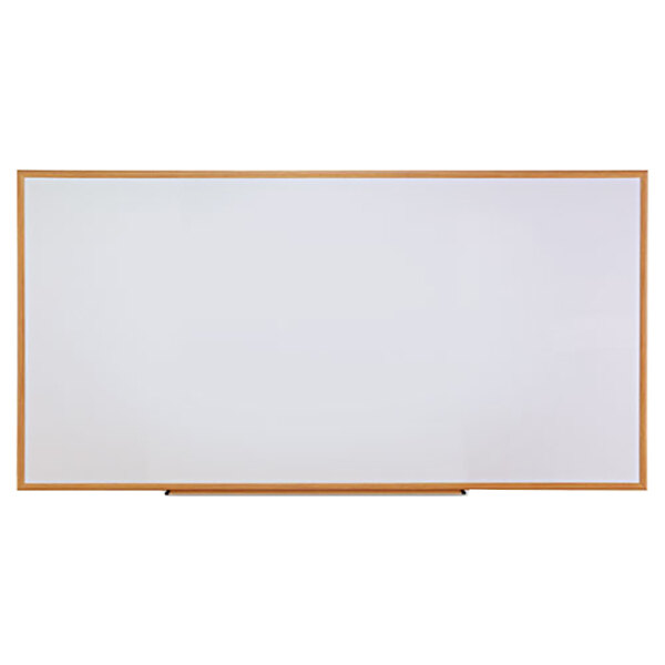A Universal whiteboard with a wooden frame.