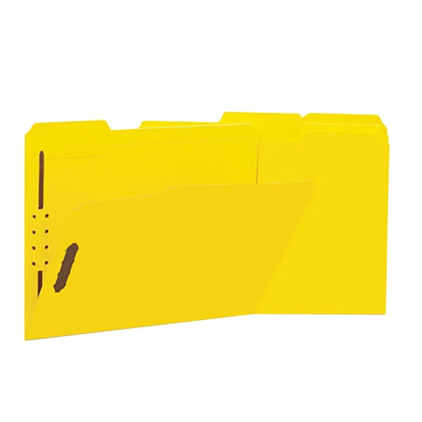 A yellow Universal letter size file folder with 2 fasteners.