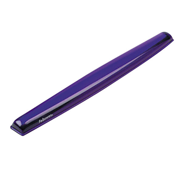 A purple Fellowes gel wrist rest.