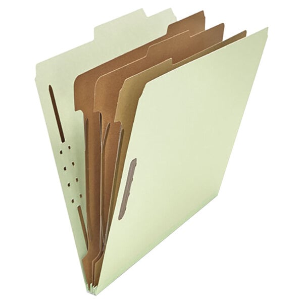 A Universal letter size classification folder with brown tabs and dividers.