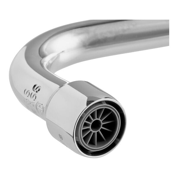 A T&S chrome plated swing nozzle with a stream regulator outlet.