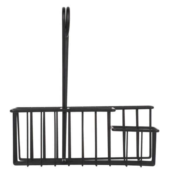 A black wire basket with a long handle.
