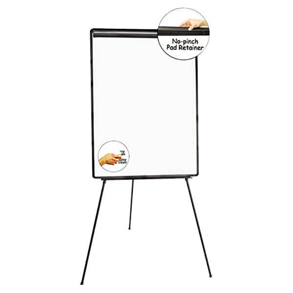 A Universal tripod style dry erase easel with a white board on it.