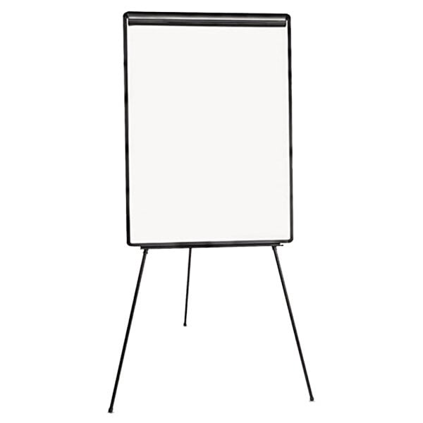 A white rectangular dry erase board on a black tripod with a black border.