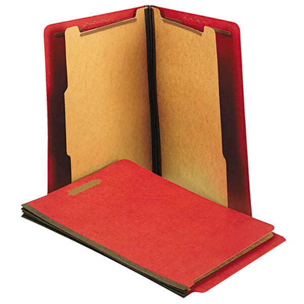 A red Universal letter size classification folder in a box.