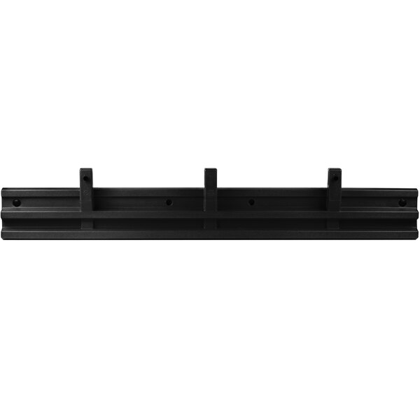 A black metal rectangular tray rail with holes and four hooks on the ends.