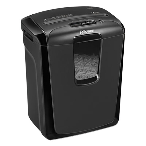 A Fellowes cross-cut shredder in black with a transparent window.