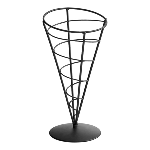 A black metal cone basket with a spiral design.