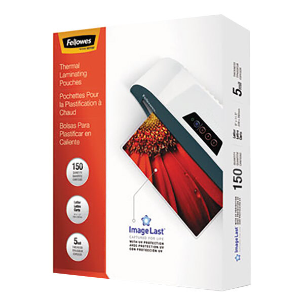 A white box with a red and white label featuring the Fellowes logo and the words "ImageLast Laminating Pouches"