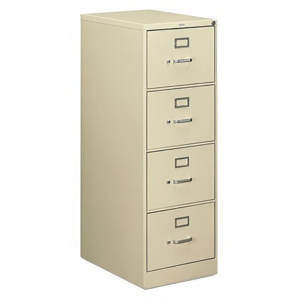 A white HON 4-drawer metal filing cabinet.