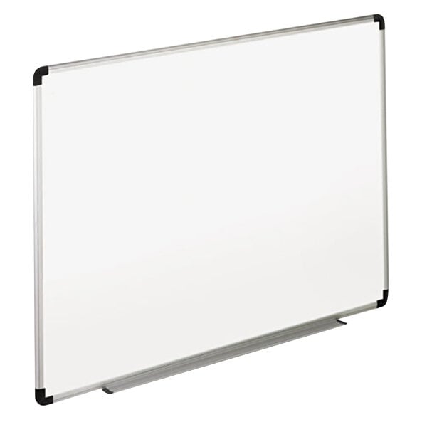 A white board with a black frame.