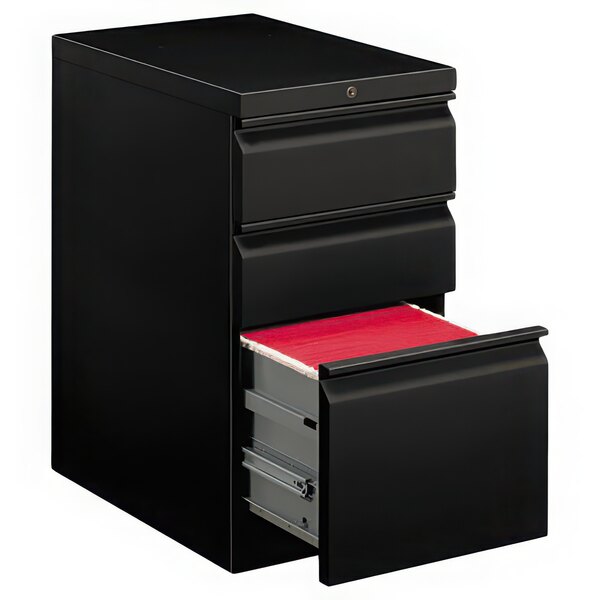 A close up of a black drawer in a HON Brigade black filing cabinet.