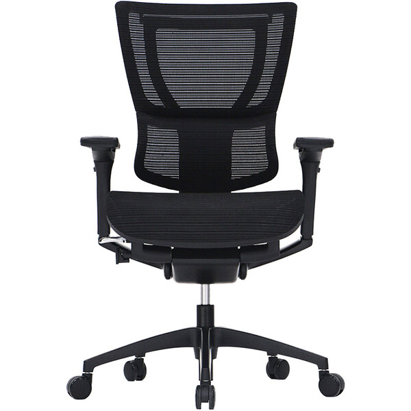 A Eurotech Seating iOO Black Mesh office chair with wheels and arms.