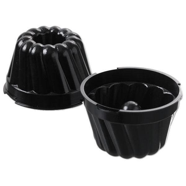 A black plastic mold with 6 small Kugelhopf molds inside.