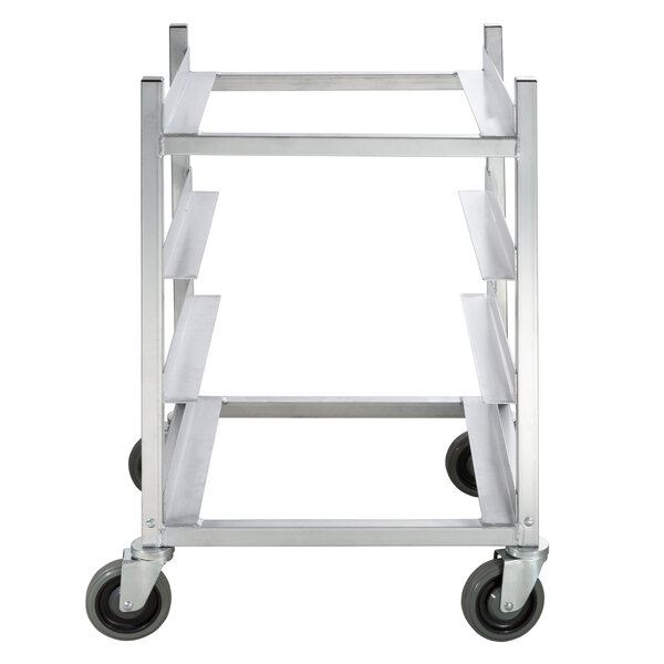 A stainless steel Channel 4 shelf glass rack cart with wheels.