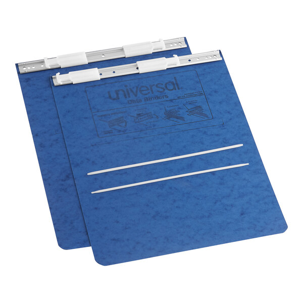 A pair of blue UNV15432 hanging data post folders with white plastic clips.