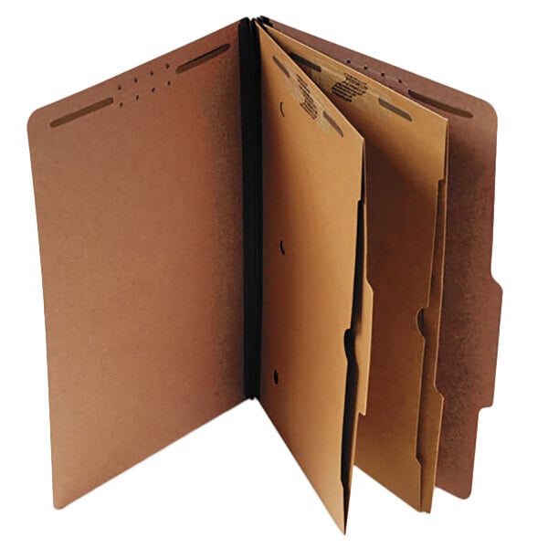 A close-up of a brown Universal letter size classification folder with three open pages.