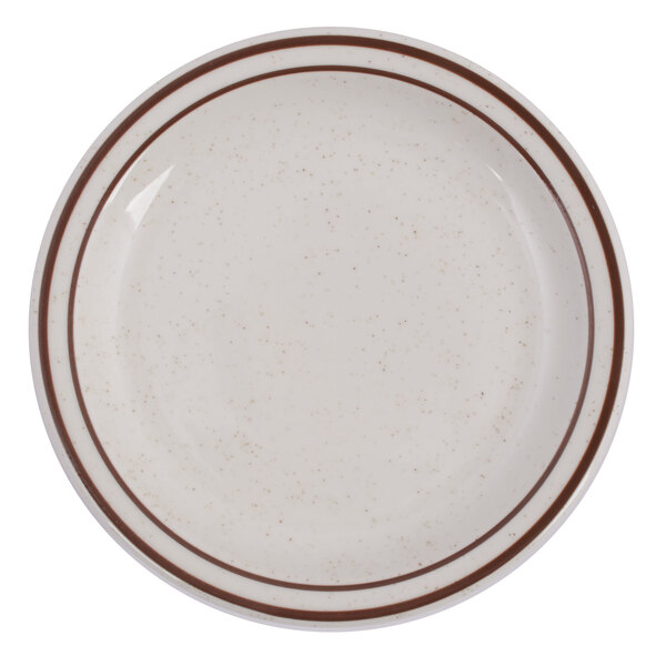 A close-up of a Tuxton narrow rim china plate with brown speckles.