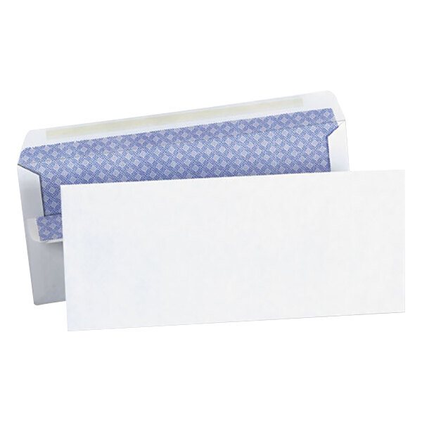 A white envelope with a blue patterned wrapper.