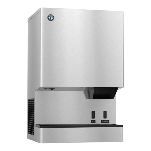 A silver stainless steel Hoshizaki countertop ice machine with a black cover and black handle.