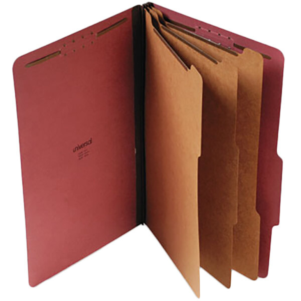 A close-up of a red Universal legal size classification folder.