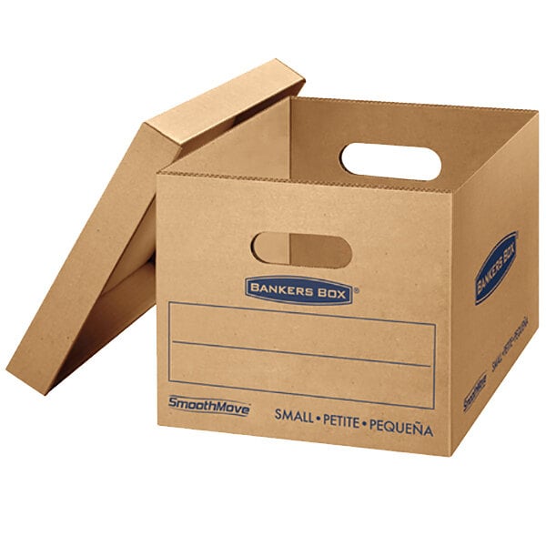 A brown Banker's Box small moving box with blue text.