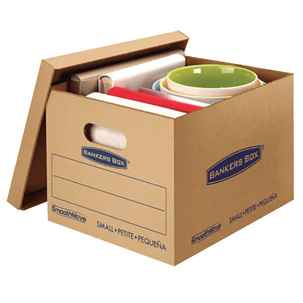 A Banker's Box small moving box with books and bowls inside.
