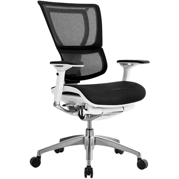 A black and white Eurotech Seating iOO office chair with a white base and black armrests.