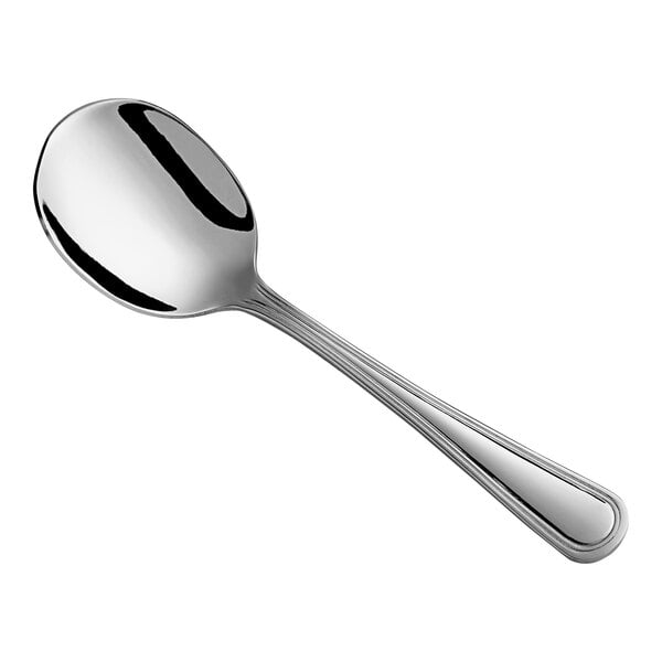 An Acopa Edgewood stainless steel bouillon spoon with a silver handle.