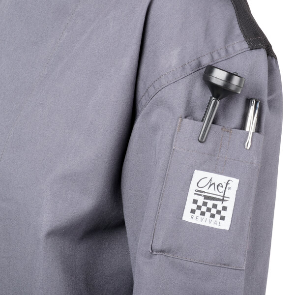 A Chef Revival unisex gray long sleeve chef jacket with mesh back and a pocket.