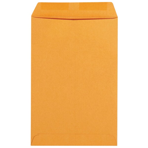 A close up of a Universal Kraft gummed seal catalog envelope with orange and yellow packaging.