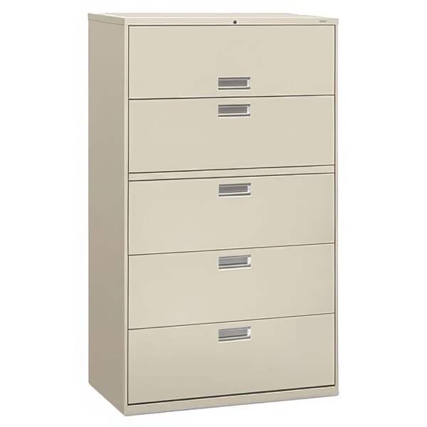 A light gray HON metal lateral file cabinet with five drawers and silver handles.