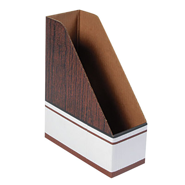 A brown and white corrugated cardboard file holder with a wood grain pattern.