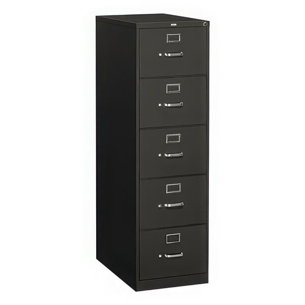 A charcoal HON five-drawer filing cabinet with silver handles.