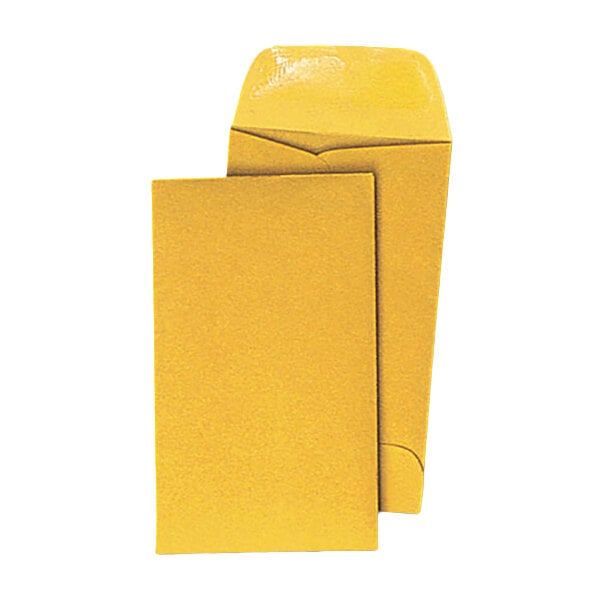 A yellow Universal Kraft gummed seal coin envelope with the flap open.
