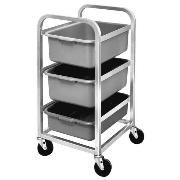 A Channel mobile aluminum lug rack with three grey plastic bins.