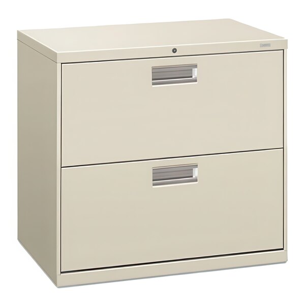 A light gray HON 2-drawer metal lateral file cabinet with a rectangular handle.
