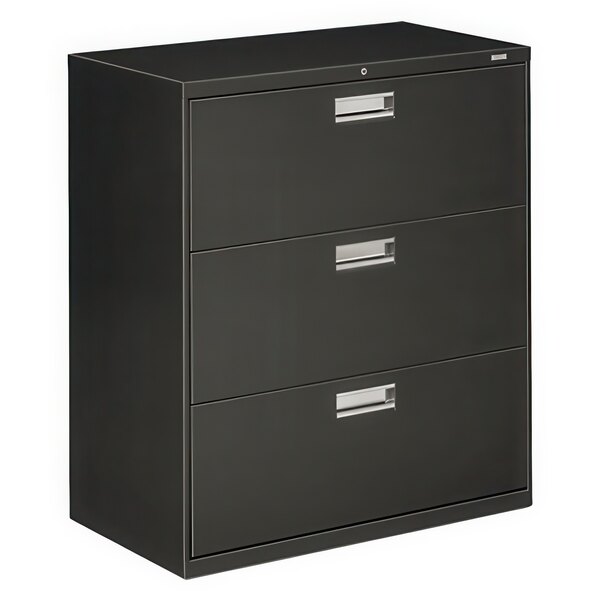 A charcoal HON 3-drawer lateral metal file cabinet.