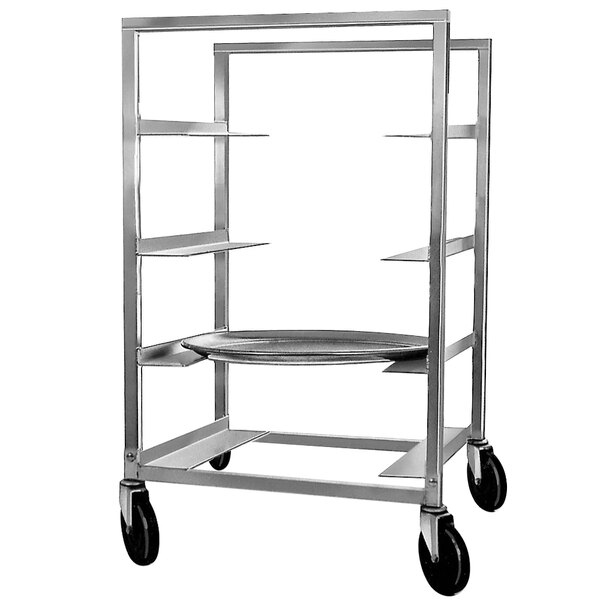 A Channel aluminum sheet pan rack with 4 trays on it.