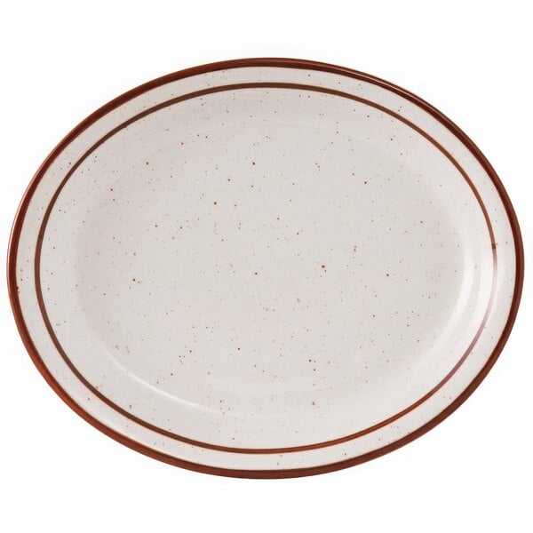 A white Tuxton china platter with a brown speckled rim.