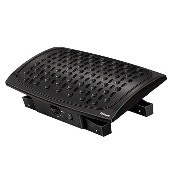 A black rectangular Fellowes Climate Control Footrest with holes in it.