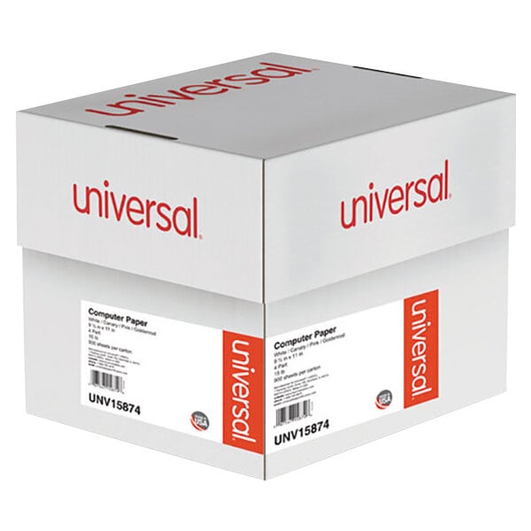 A white box with red and white text reading "Universal 4 Part Perforated Continuous Print Computer Paper" containing 900 sheets.