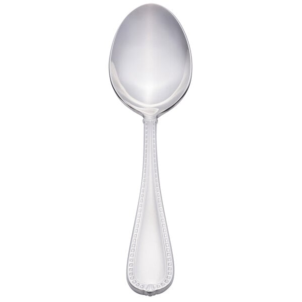 A close-up of a Reed & Barton Berkshire matte stainless steel dessert spoon with a silver handle.