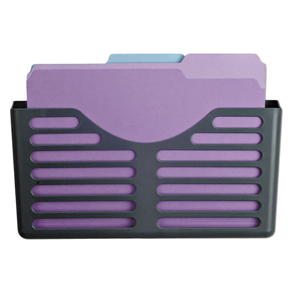 A purple file folder in a black Universal single file wall pocket.
