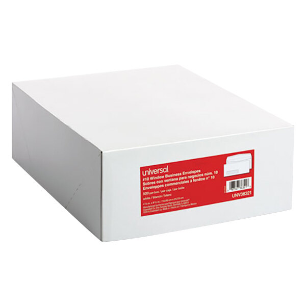 A white Universal business envelope box with a red label.